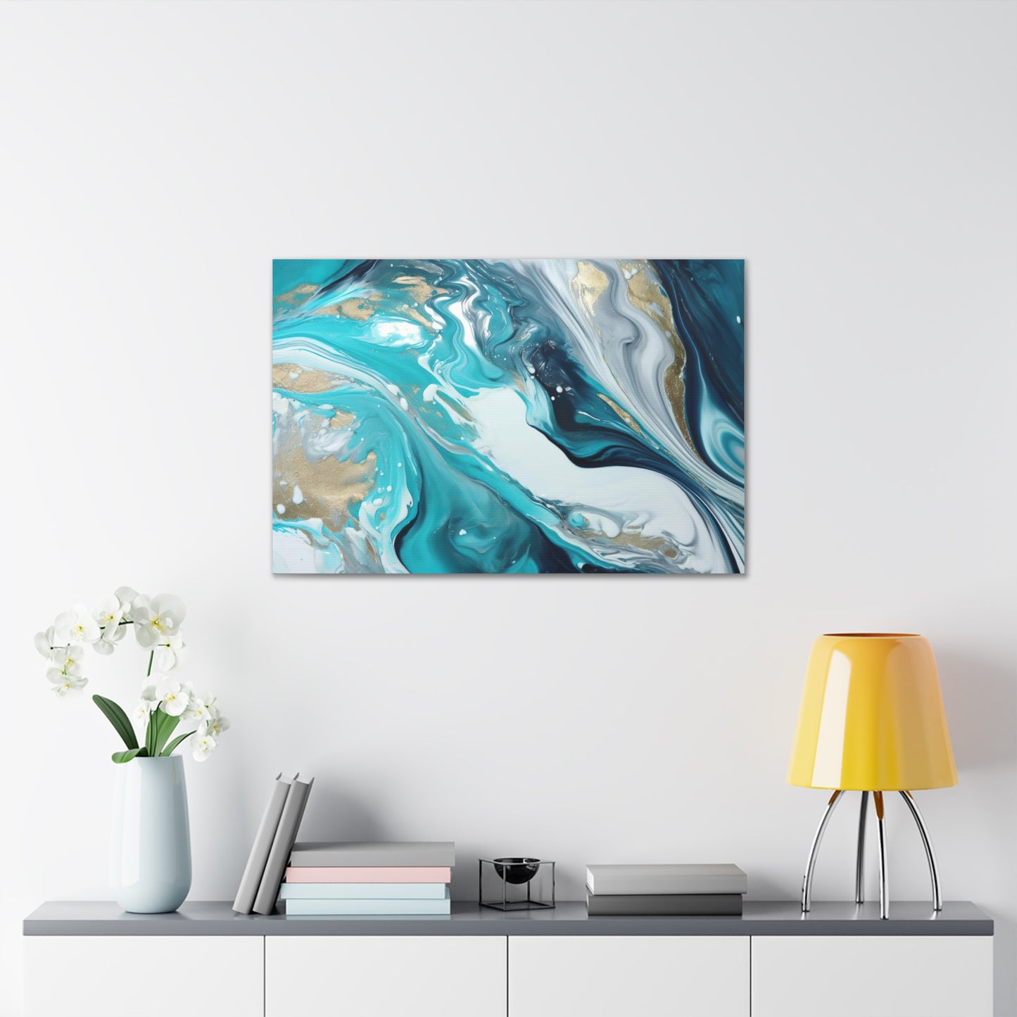 Beautiful Turquoise and Gold Abstract Acrylic Canvas Art