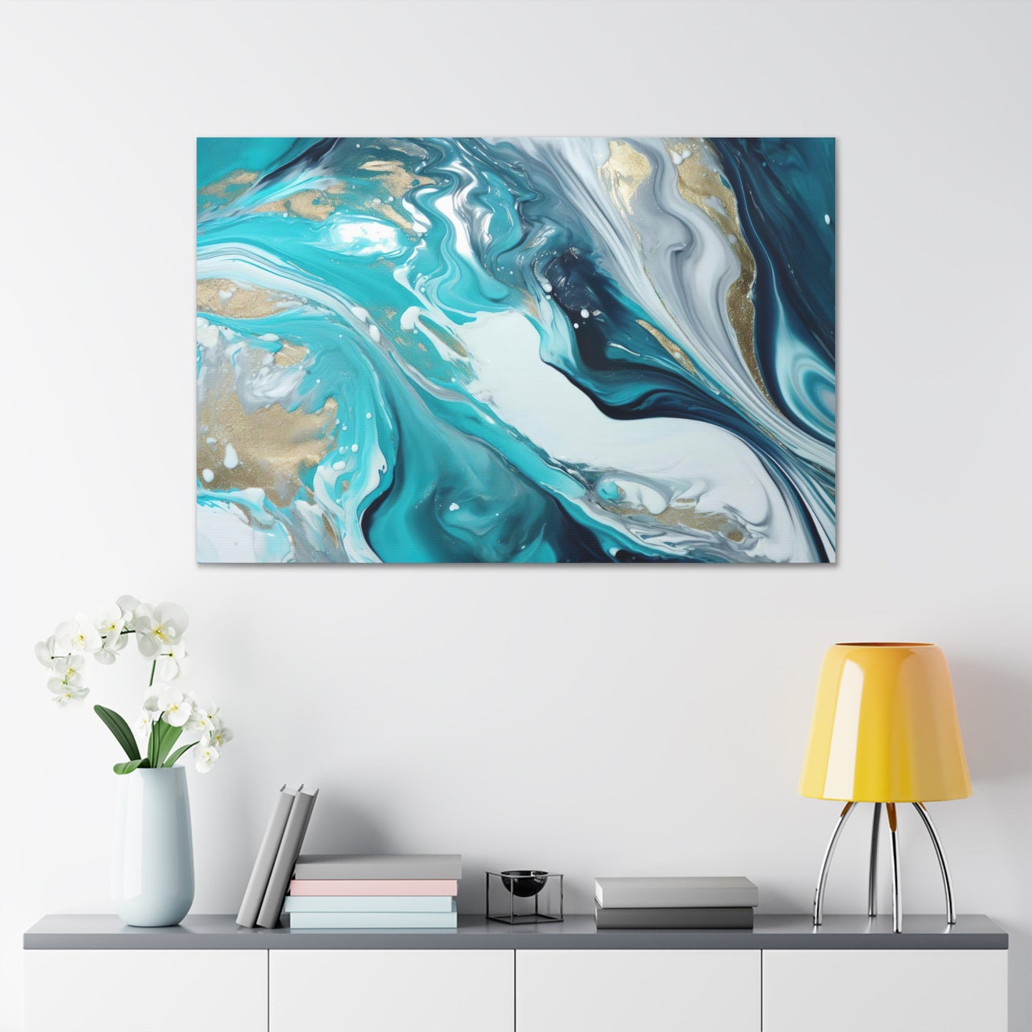 Beautiful Turquoise and Gold Abstract Acrylic Canvas Art